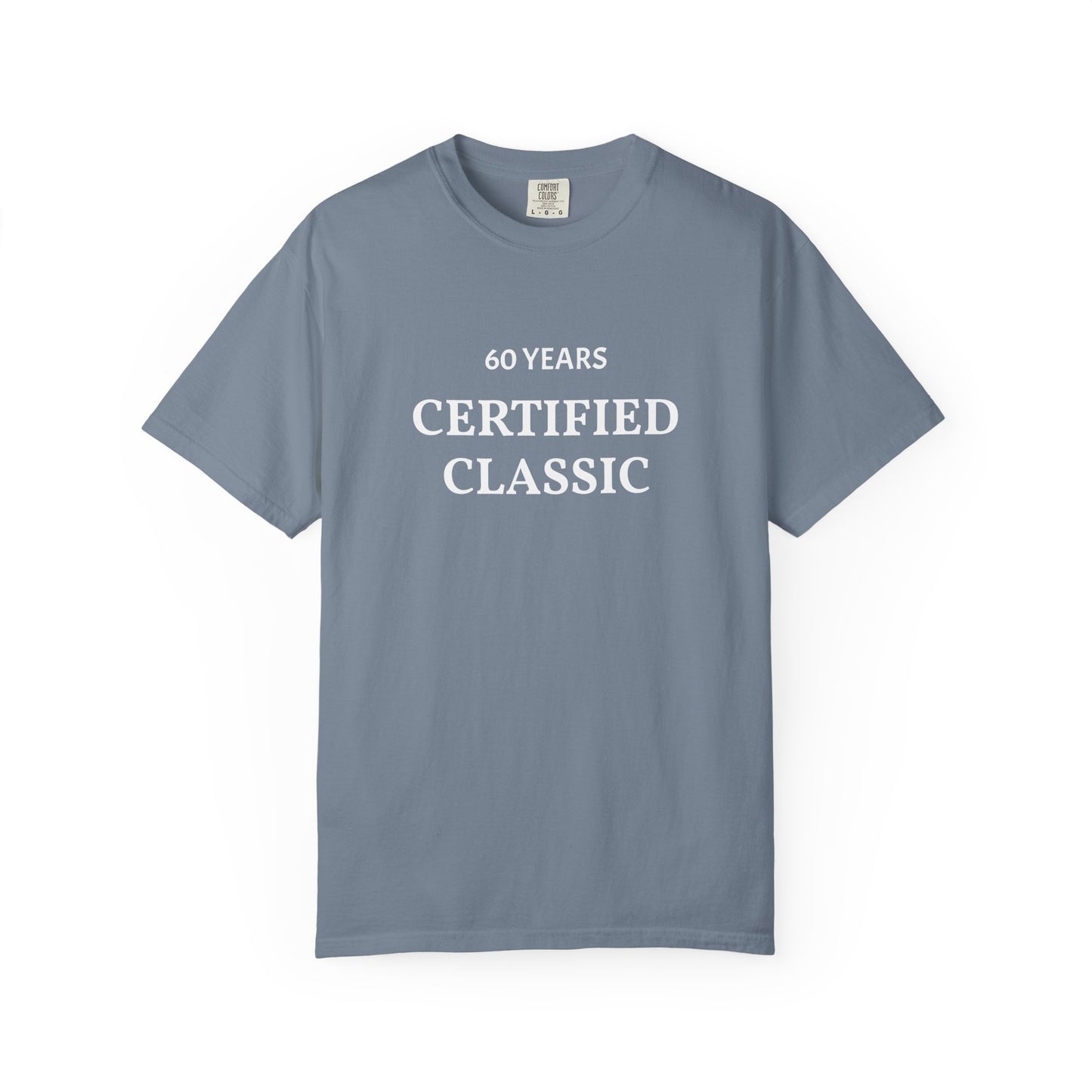 Blue t-shirt with '60 Years Certified Classic' text on a white background
