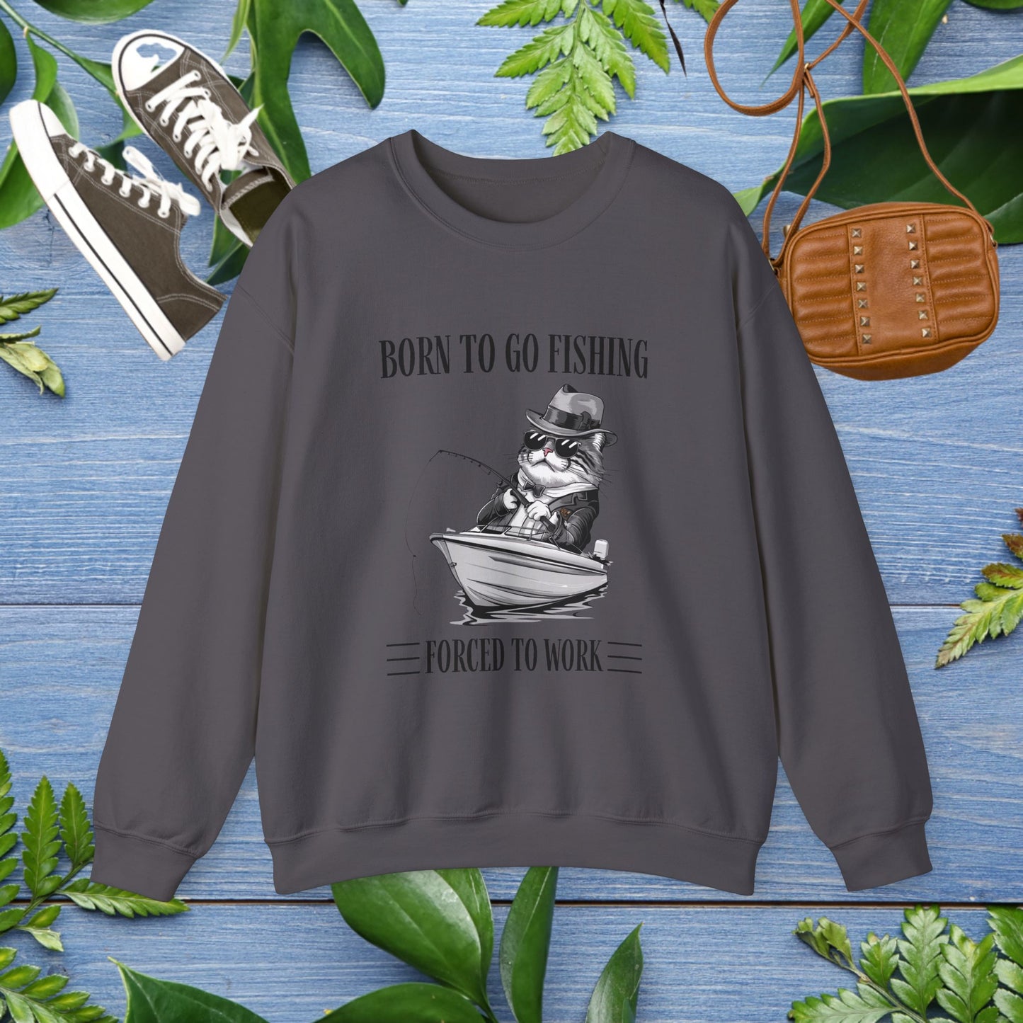 Born To Go Fishing Crewneck Sweatshirt, Cat Lover Fishing Lover Sweatshirt - furevermama