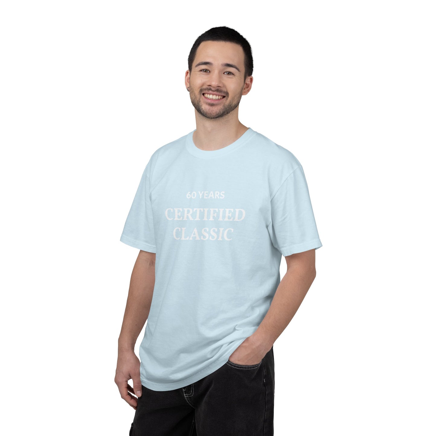 Man wearing a light blue t-shirt with 'Certified Classic' text on a white background