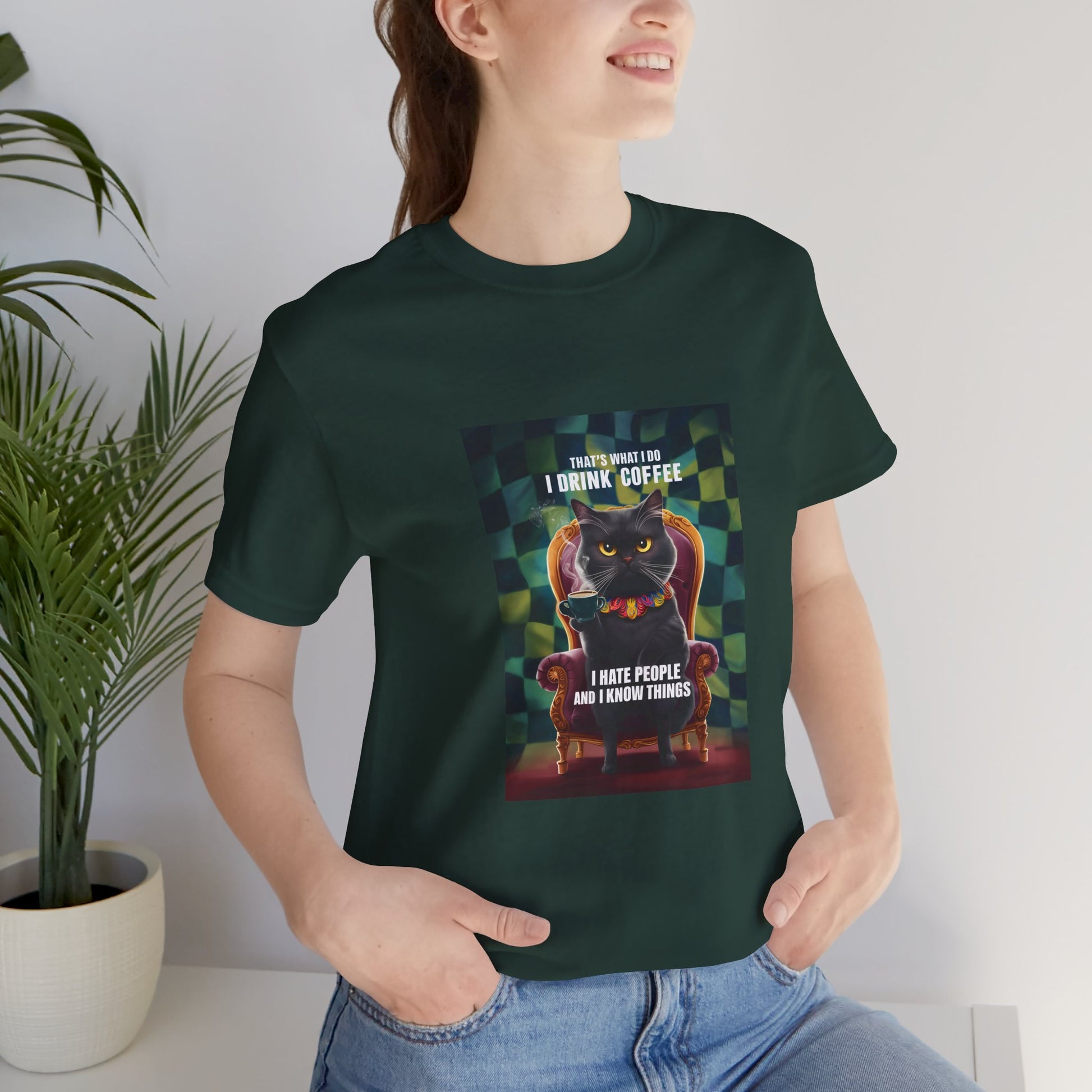 Cat Drinking Coffee, I Hate People And I Know Things Unisex Short Sleeve T-Shirt - furevermama