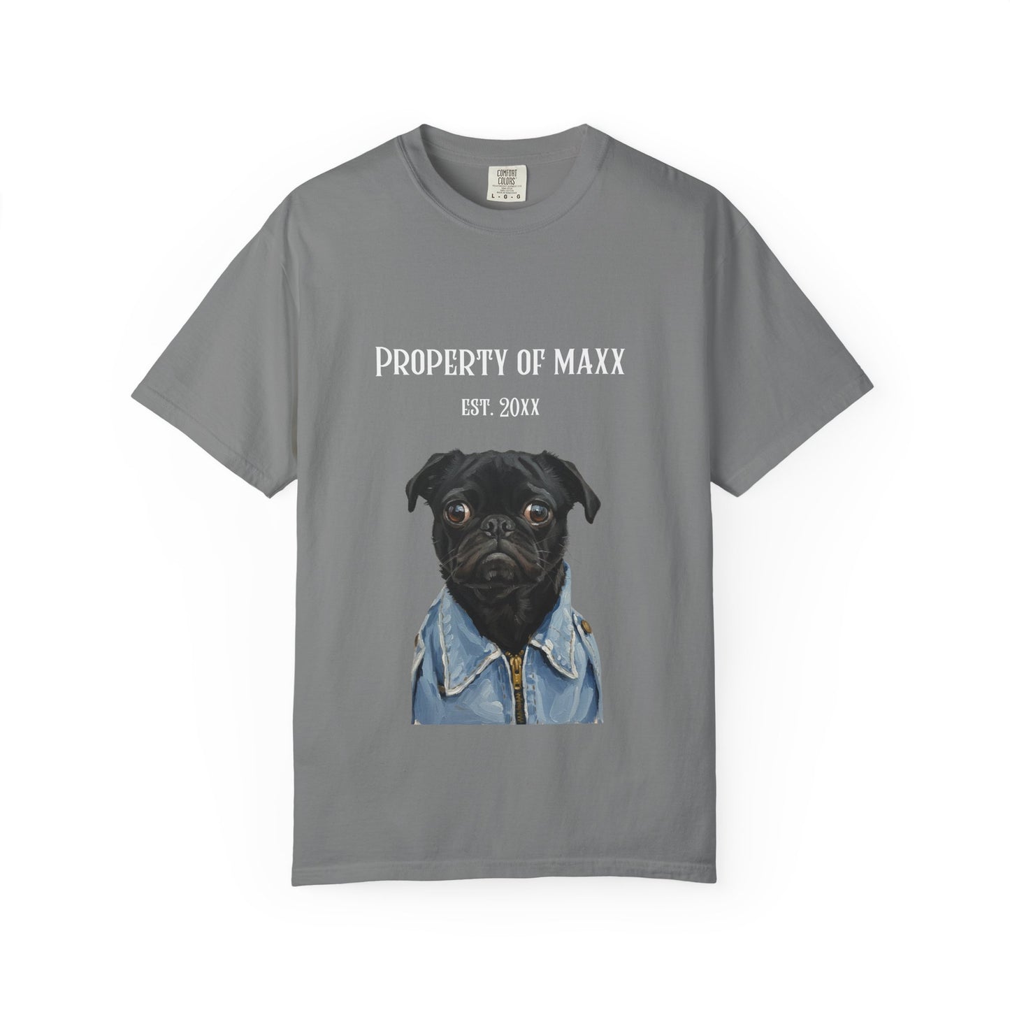 Gray t-shirt with a black pug graphic and 'Property of Maxx' text on a white background