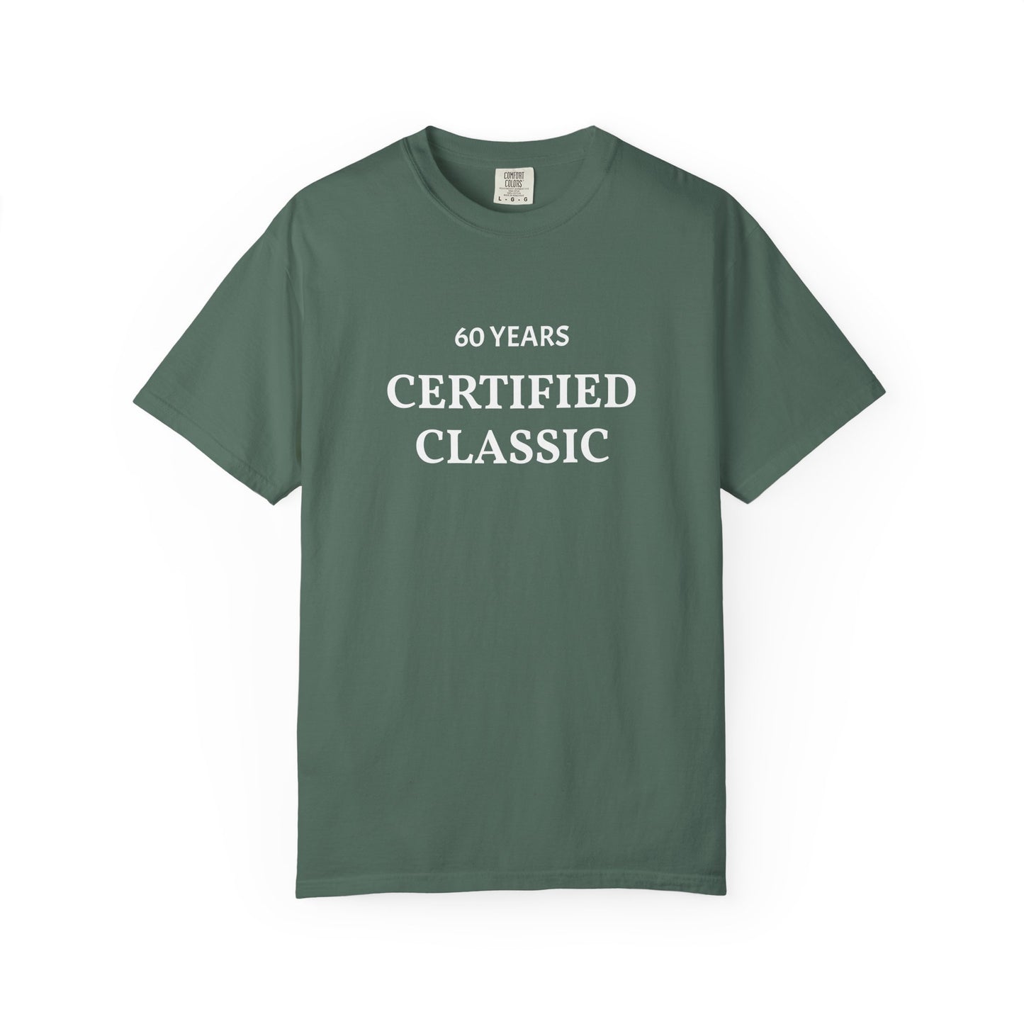 Green t-shirt with '60 Years Certified Classic' text on a white background