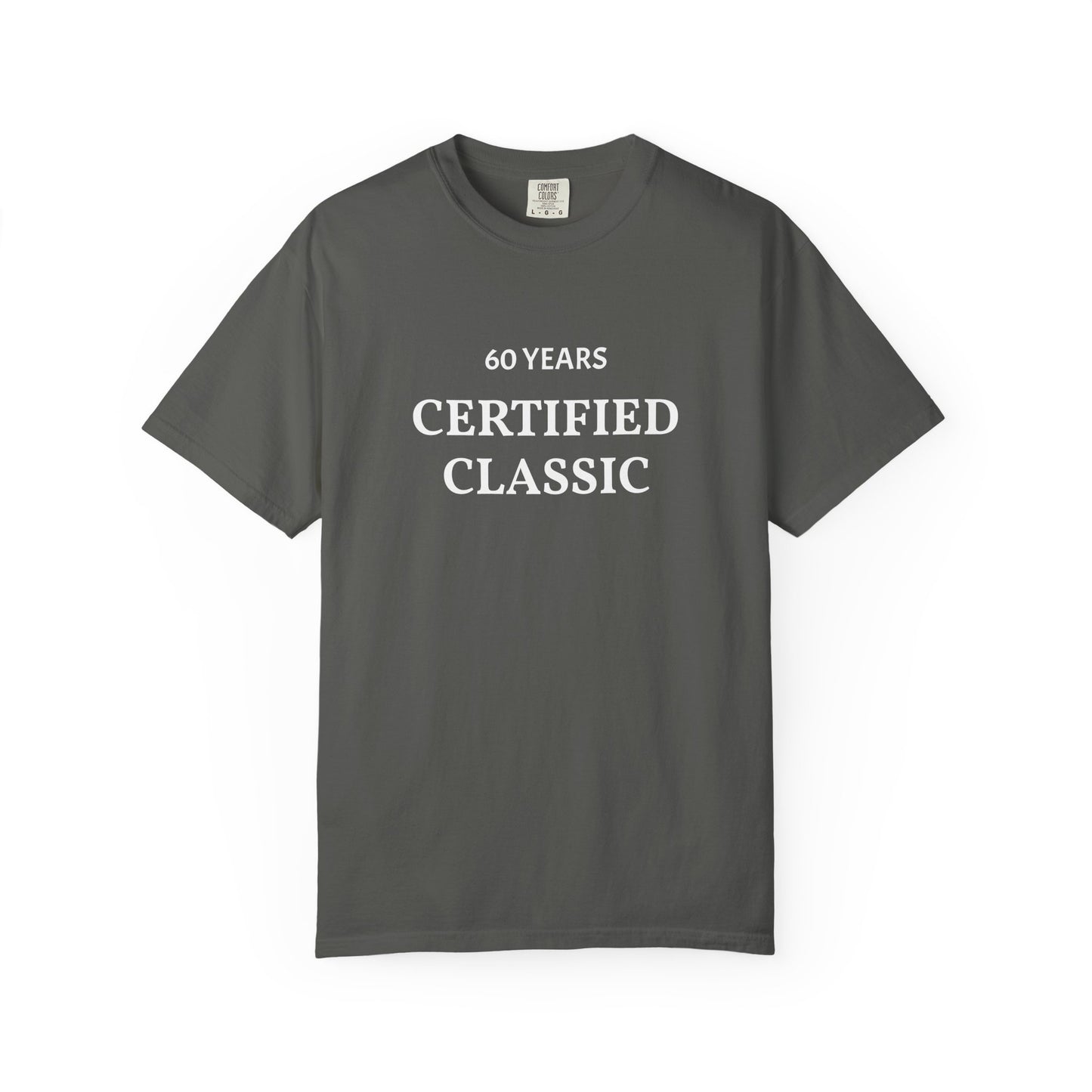 Gray t-shirt with '60 Years Certified Classic' text on a white background