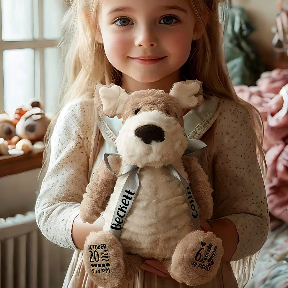 Child holding a teddy bear with a name tag in a cozy indoor setting