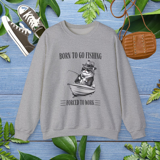 Born To Go Fishing Crewneck Sweatshirt, Cat Lover Fishing Lover Sweatshirt - furevermama