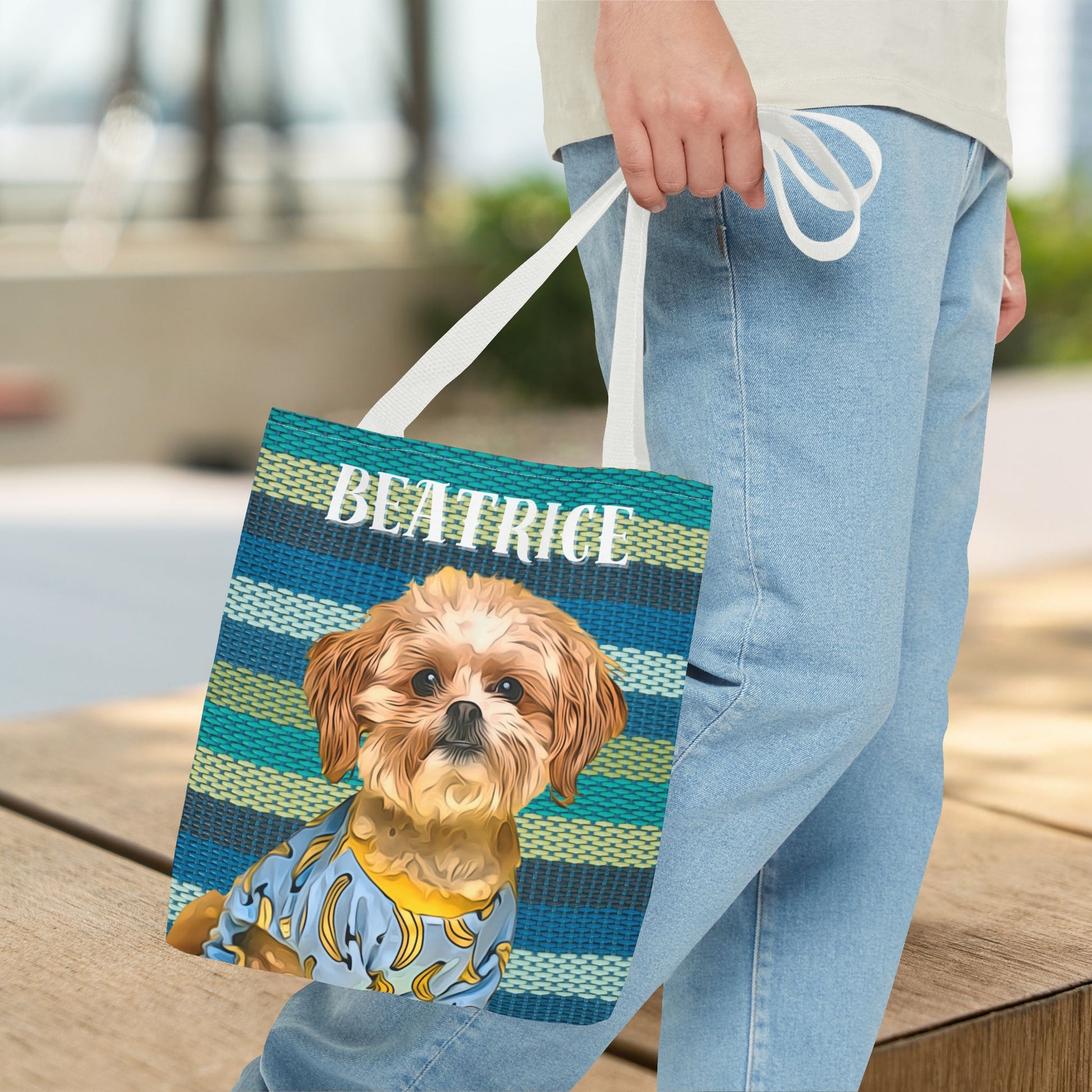 Custom Pet Portrait Tote Bag (Green Stripes Style) - furevermama