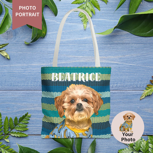 Custom Pet Portrait Tote Bag (Green Stripes Style) - furevermama
