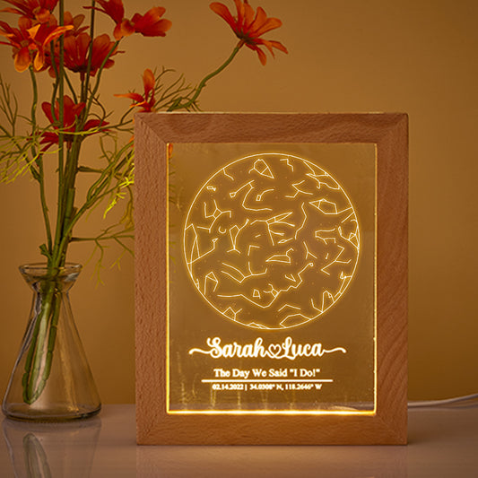 Custom Engraved Star Map Wooden Frame Night Light