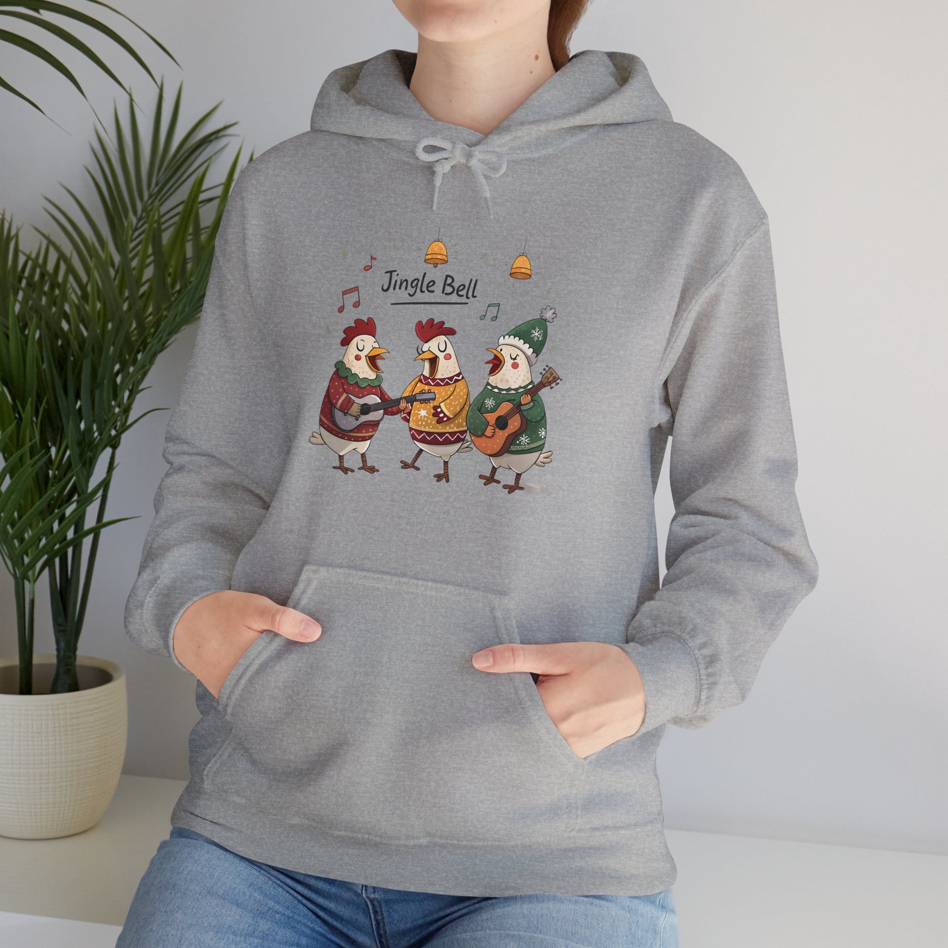 Hoodie with Three Hens Playing Guitars Saying Jingle Bell - furevermama