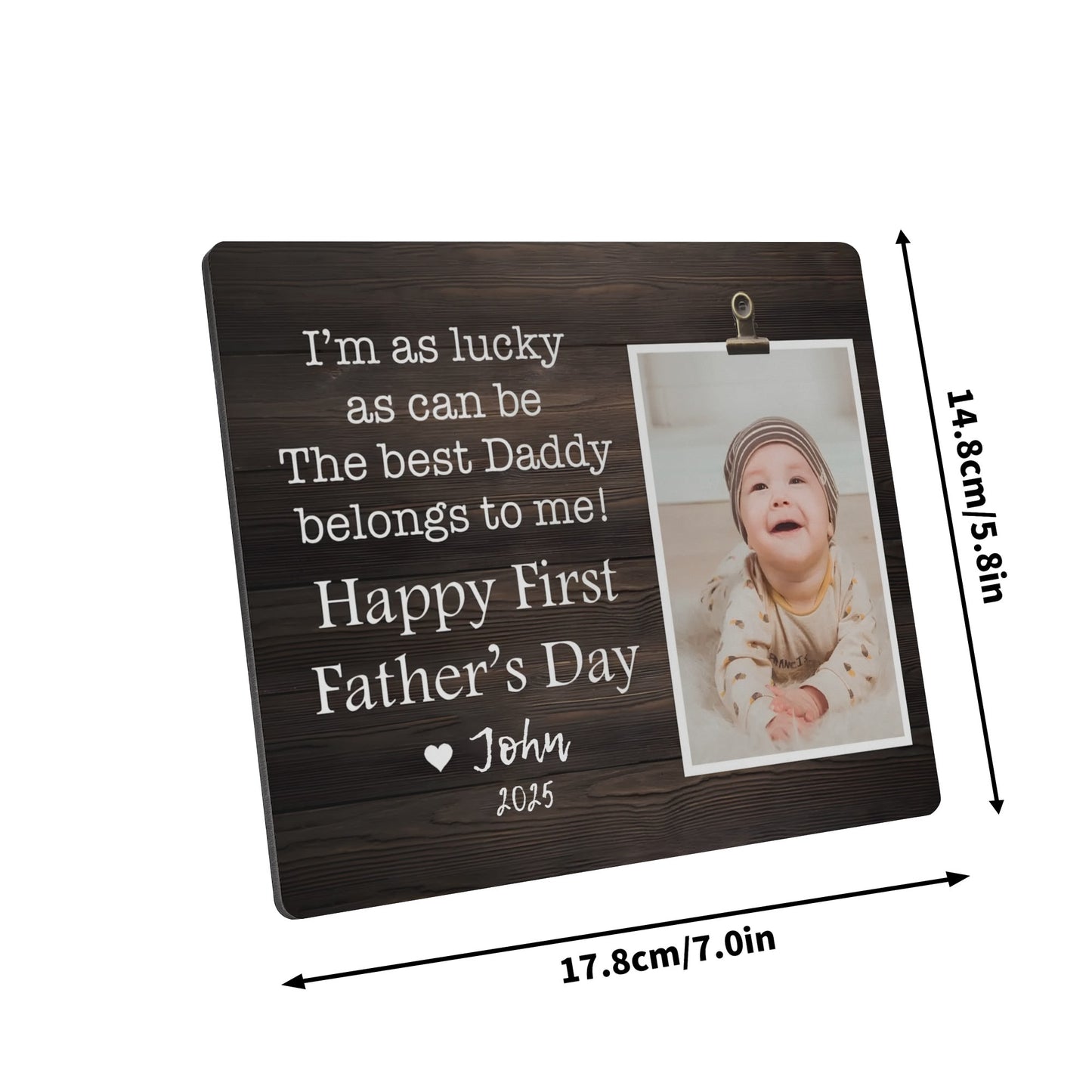 Lucky Baby And First Father's Day - Personalised Horizontal 7" x 6" Wood Photo Frame