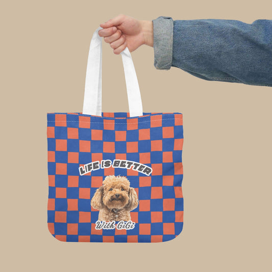 checked tote bag with custom photo in art style