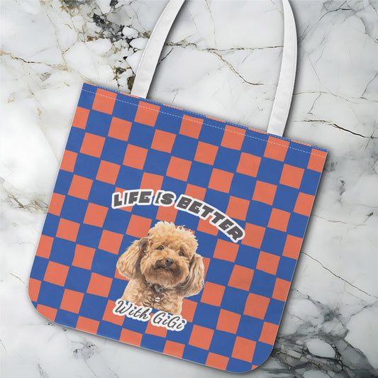 checked tote bag with custom photo in art style