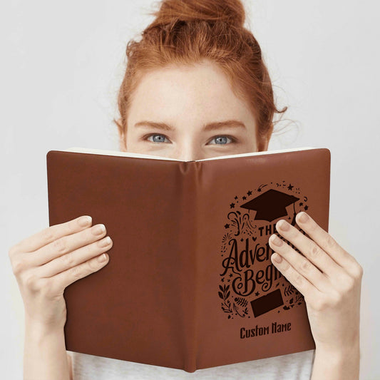 Adventure Begins Engraved Custom Name Brown Notebook Journals Diary Gift for Friends Family