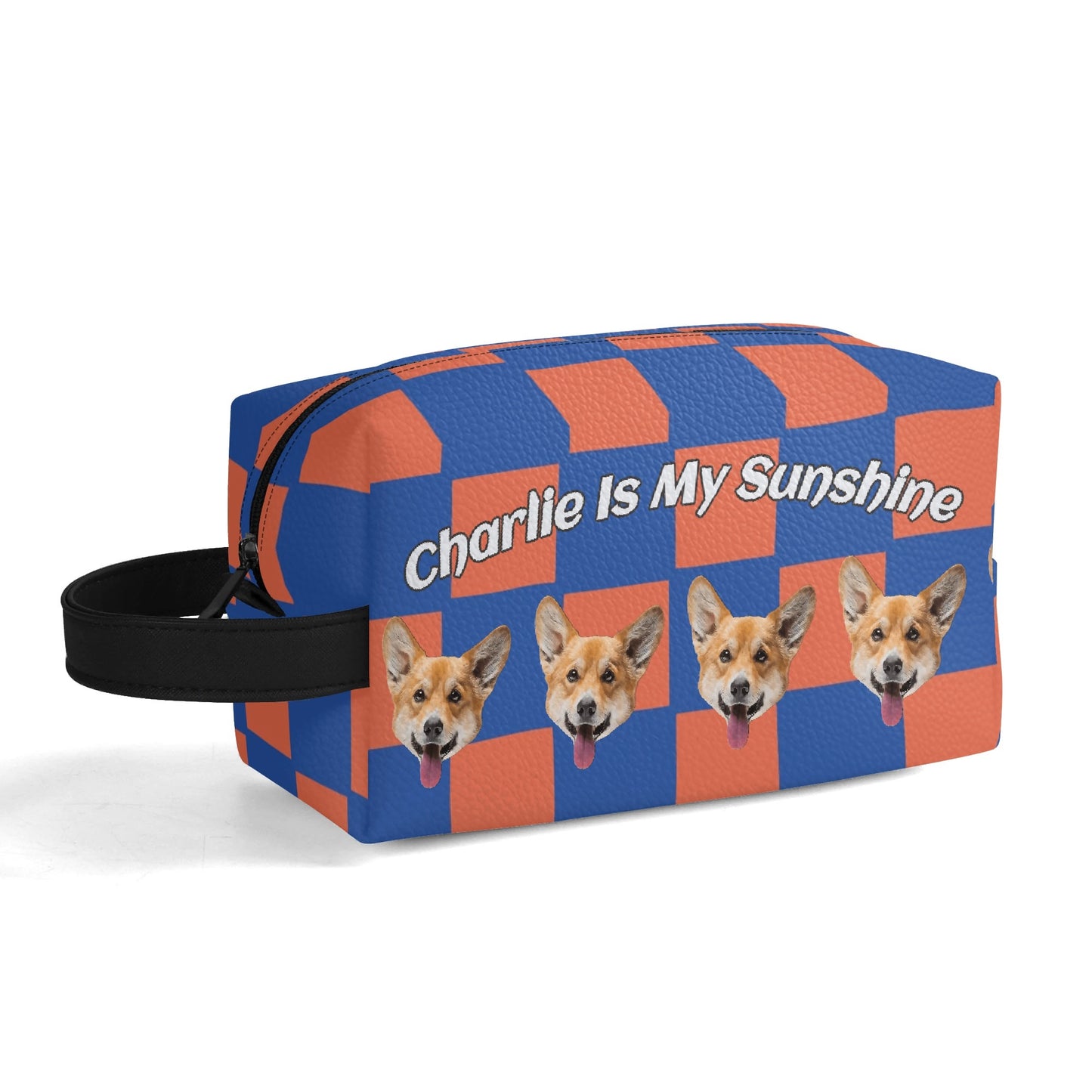 Custom photo to Art Style & Text - Travel PU Leather Toilettrie Bag Makeup Organizer - Welcome Pet or Human Photo