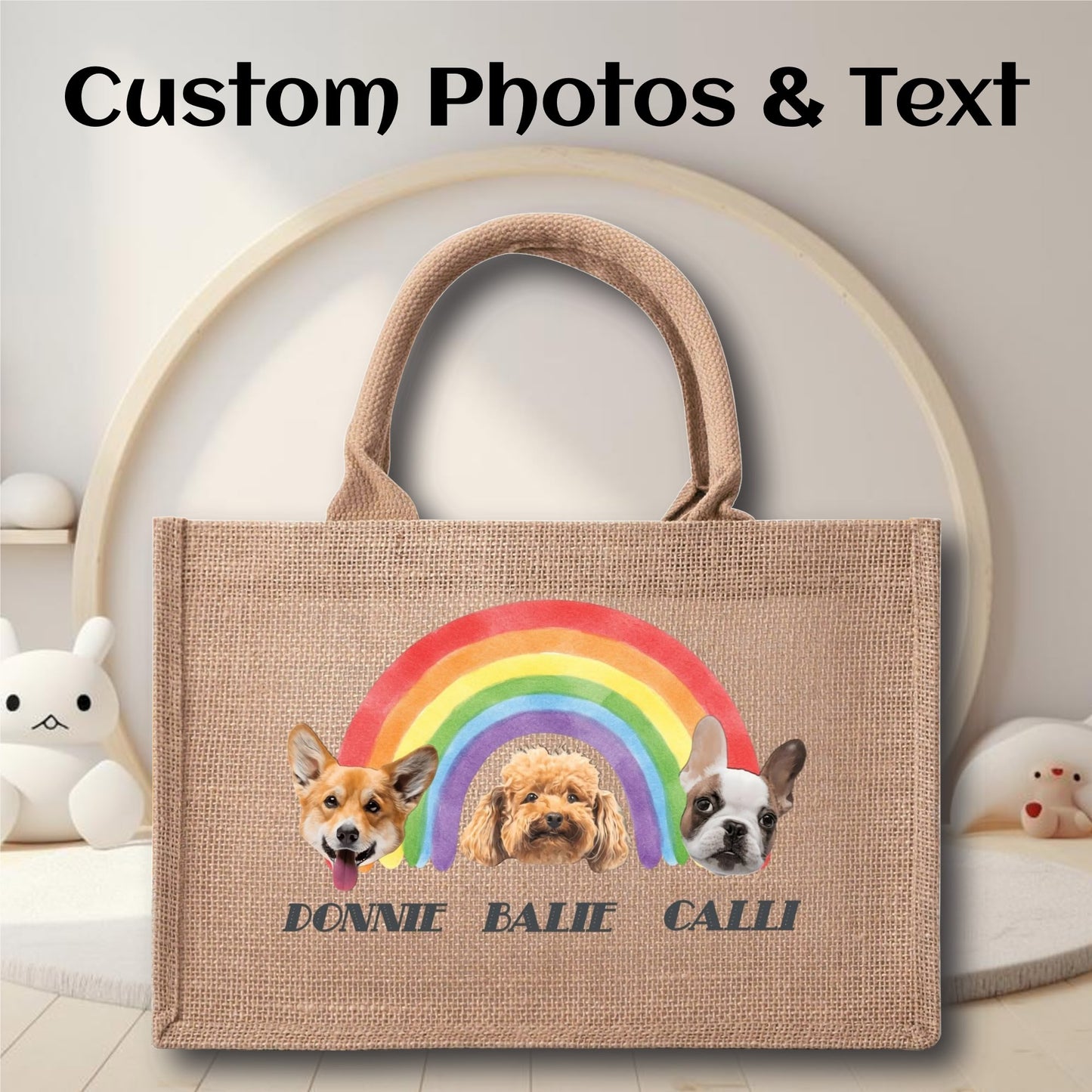 3 Custom Text And Pet Photo To Art - Reusable Jute Burlap Tote Bag