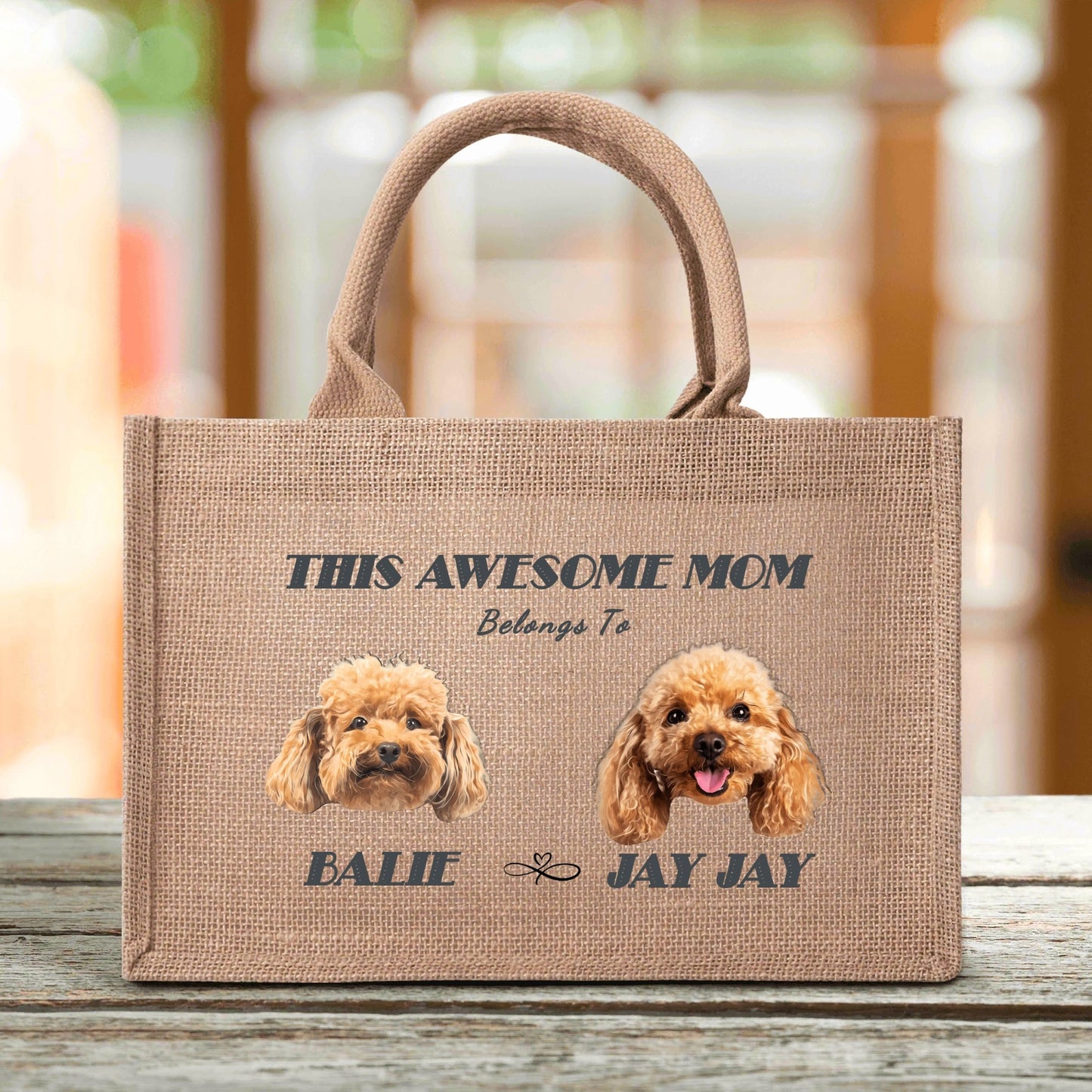 2 Custom Text And Pet Photo To Art - Reusable Jute Burlap Tote Bag