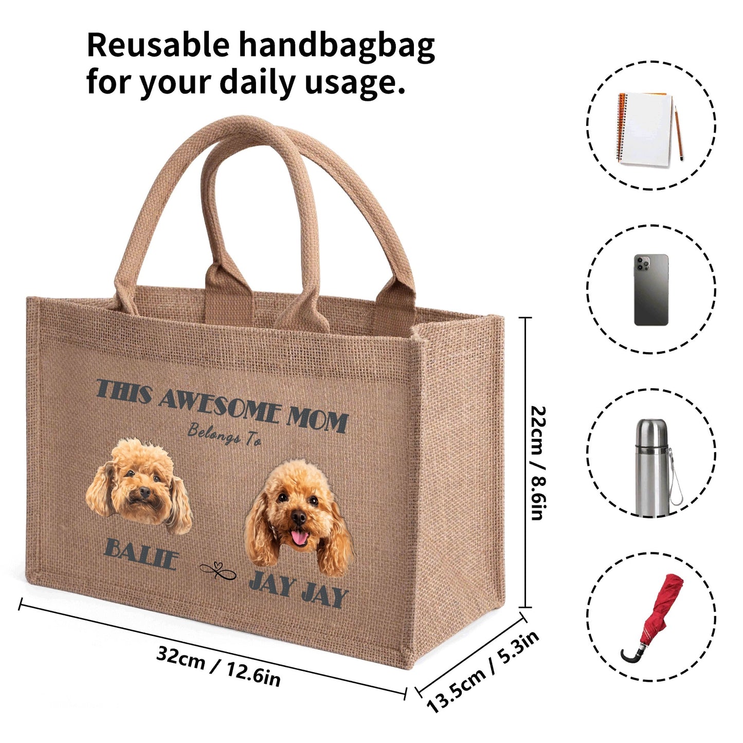 2 Custom Text And Pet Photo To Art - Reusable Jute Burlap Tote Bag