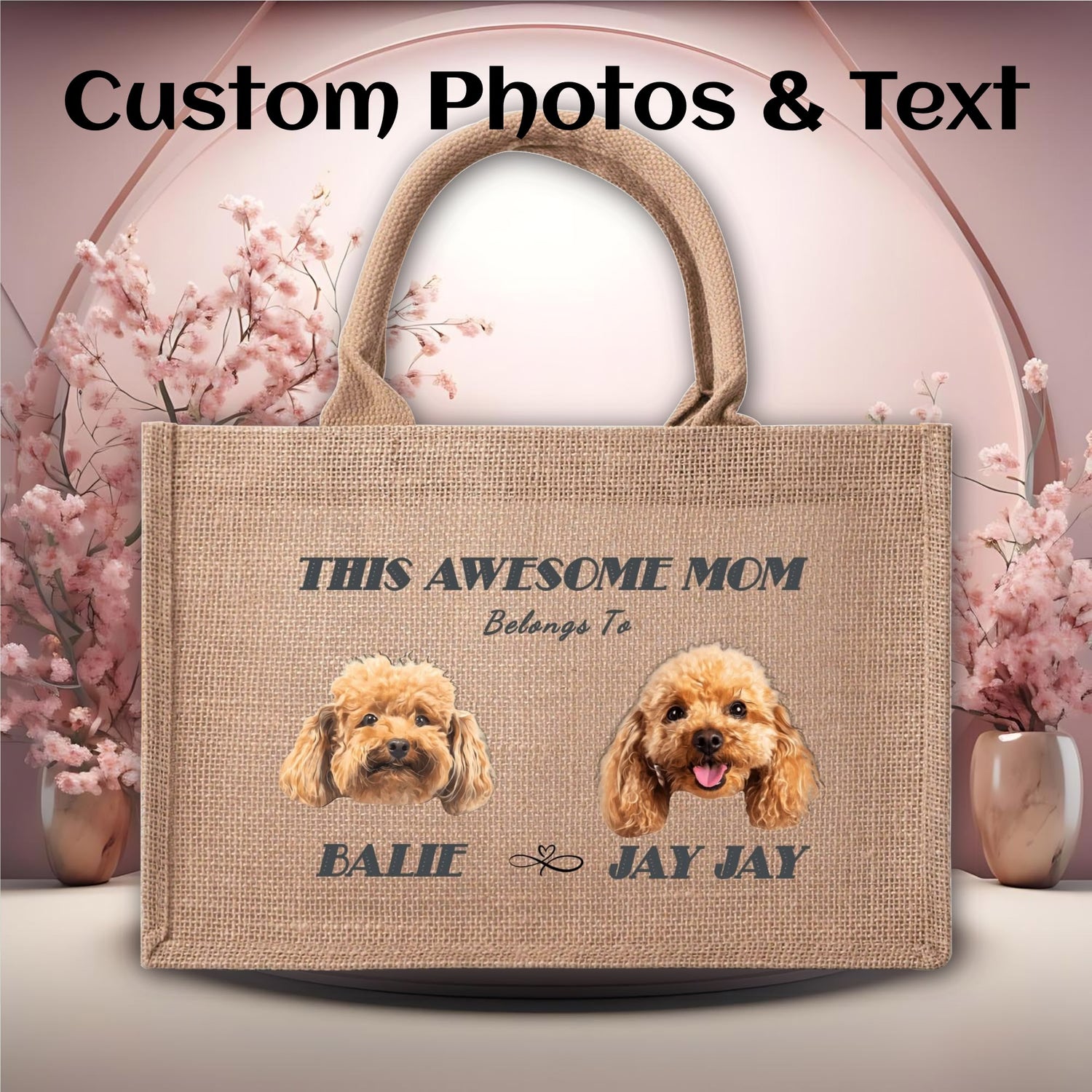 custom photo and text tote bag - 2 photo version