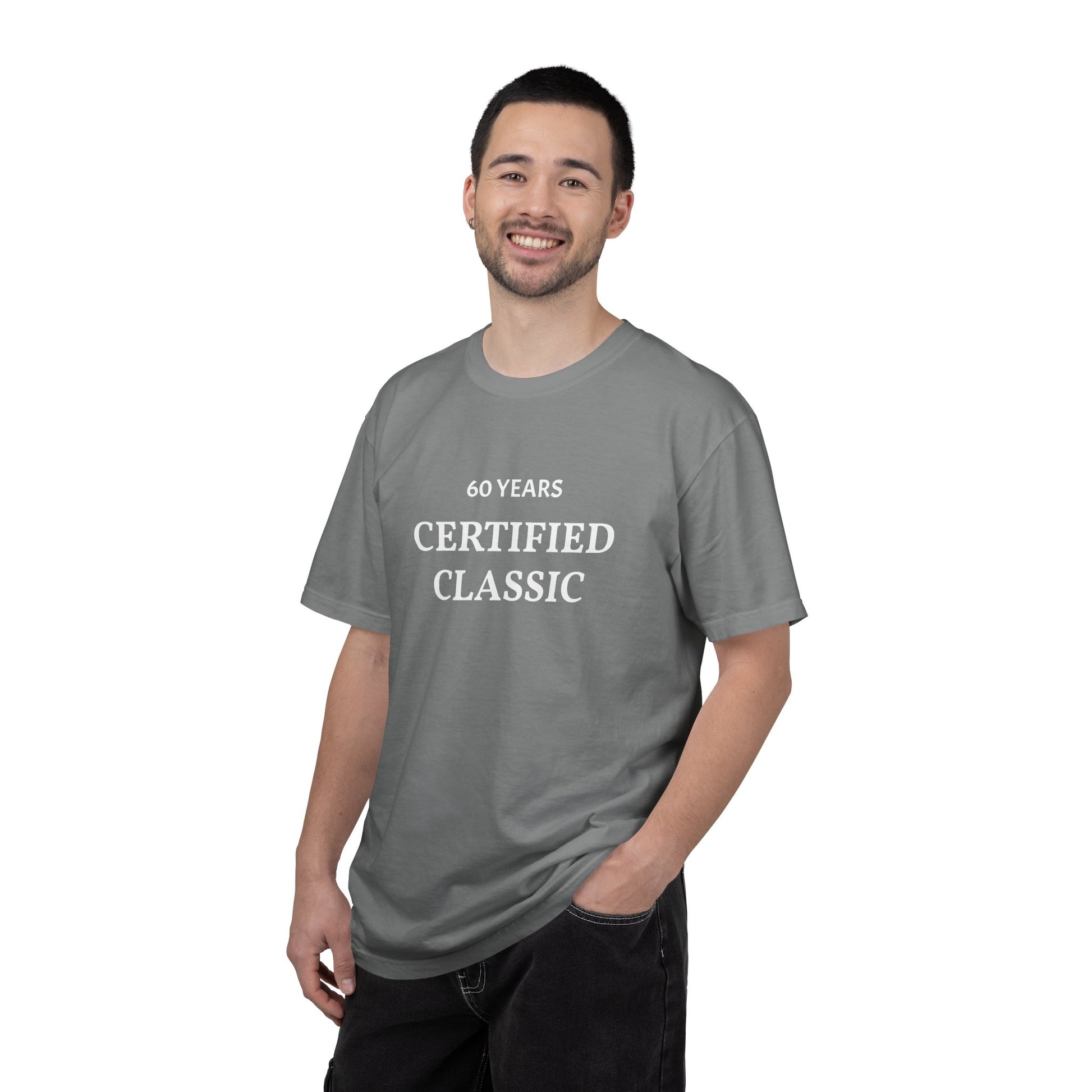Man wearing a gray t-shirt with '60 Years Certified Classic' text on a white background