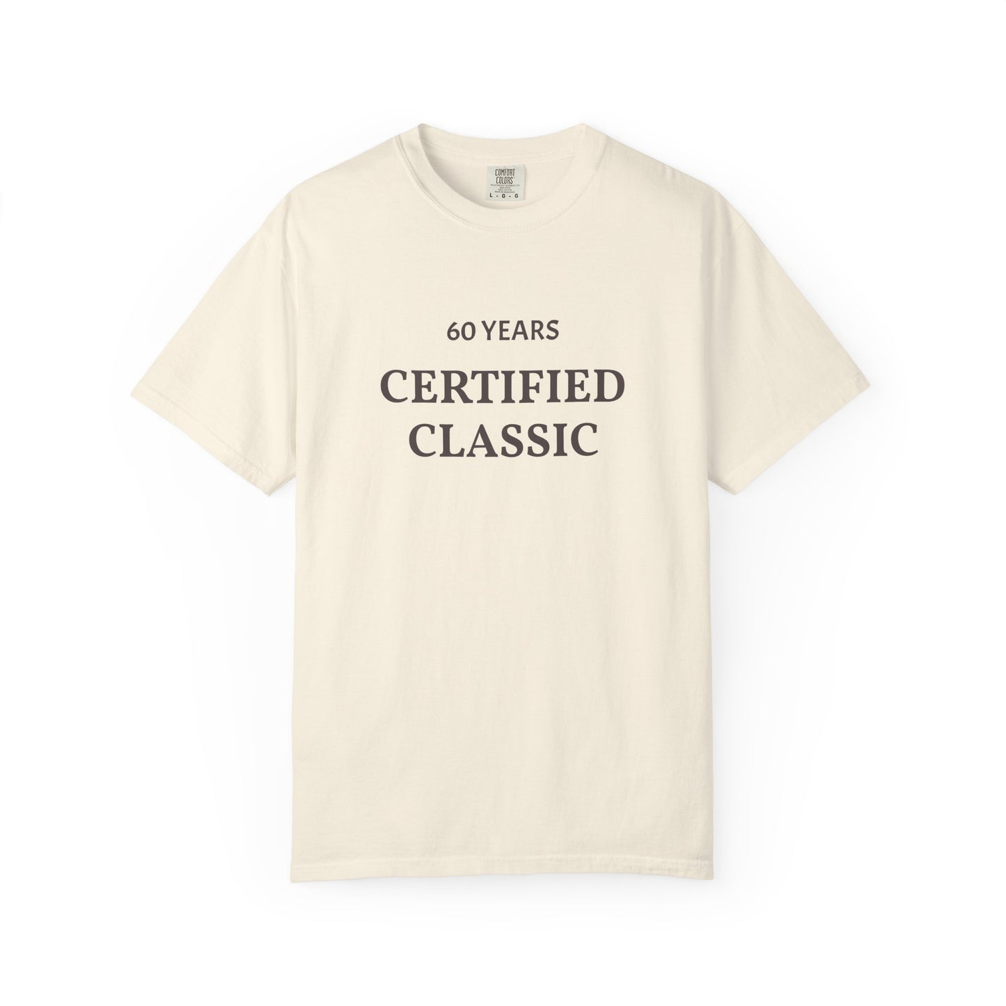 Beige t-shirt with '60 Years Certified Classic' text on a white background
