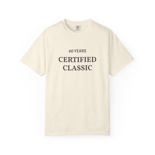 Beige t-shirt with '60 Years Certified Classic' text on a white background
