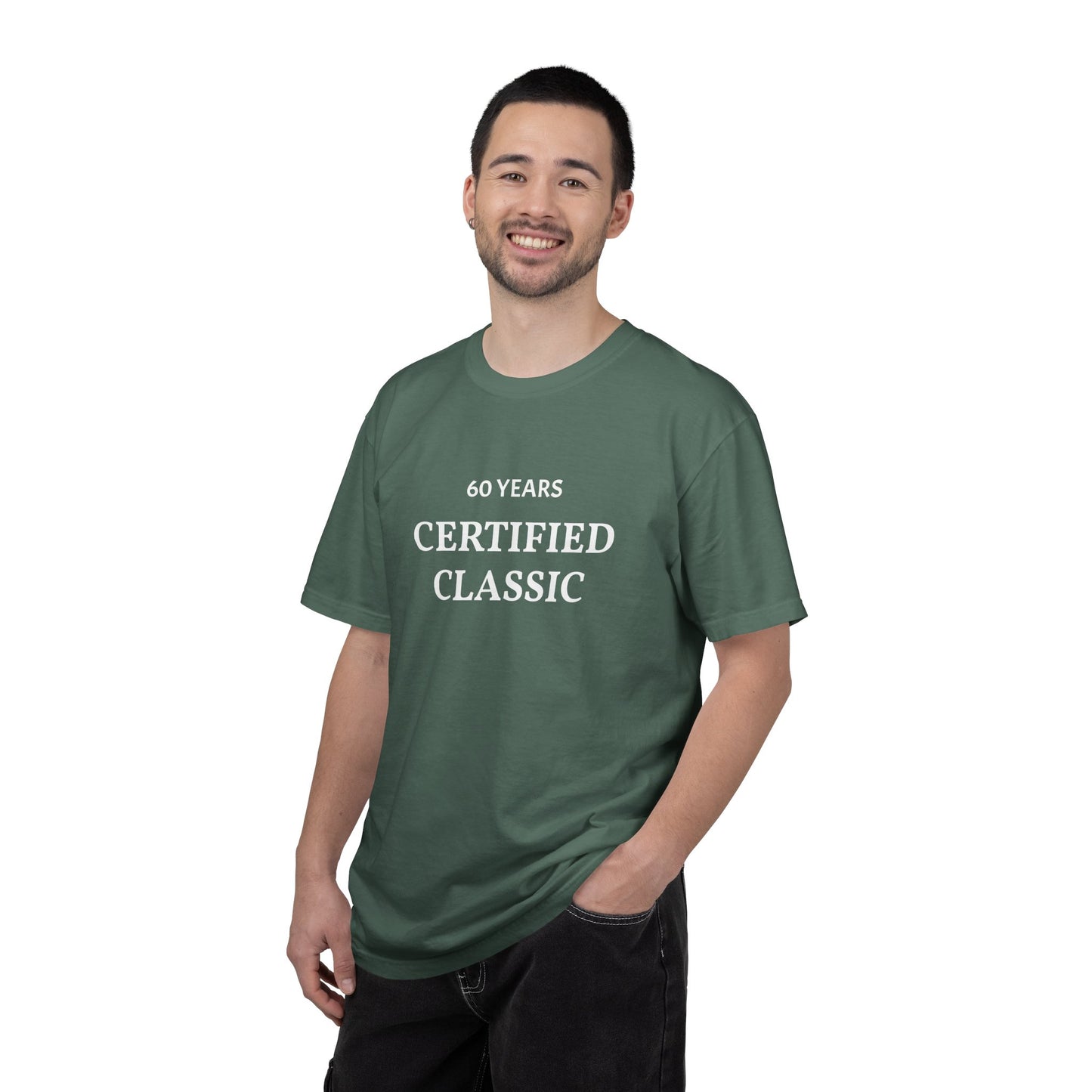 Man wearing a green t-shirt with '60 Years Certified Classic' text on a white background