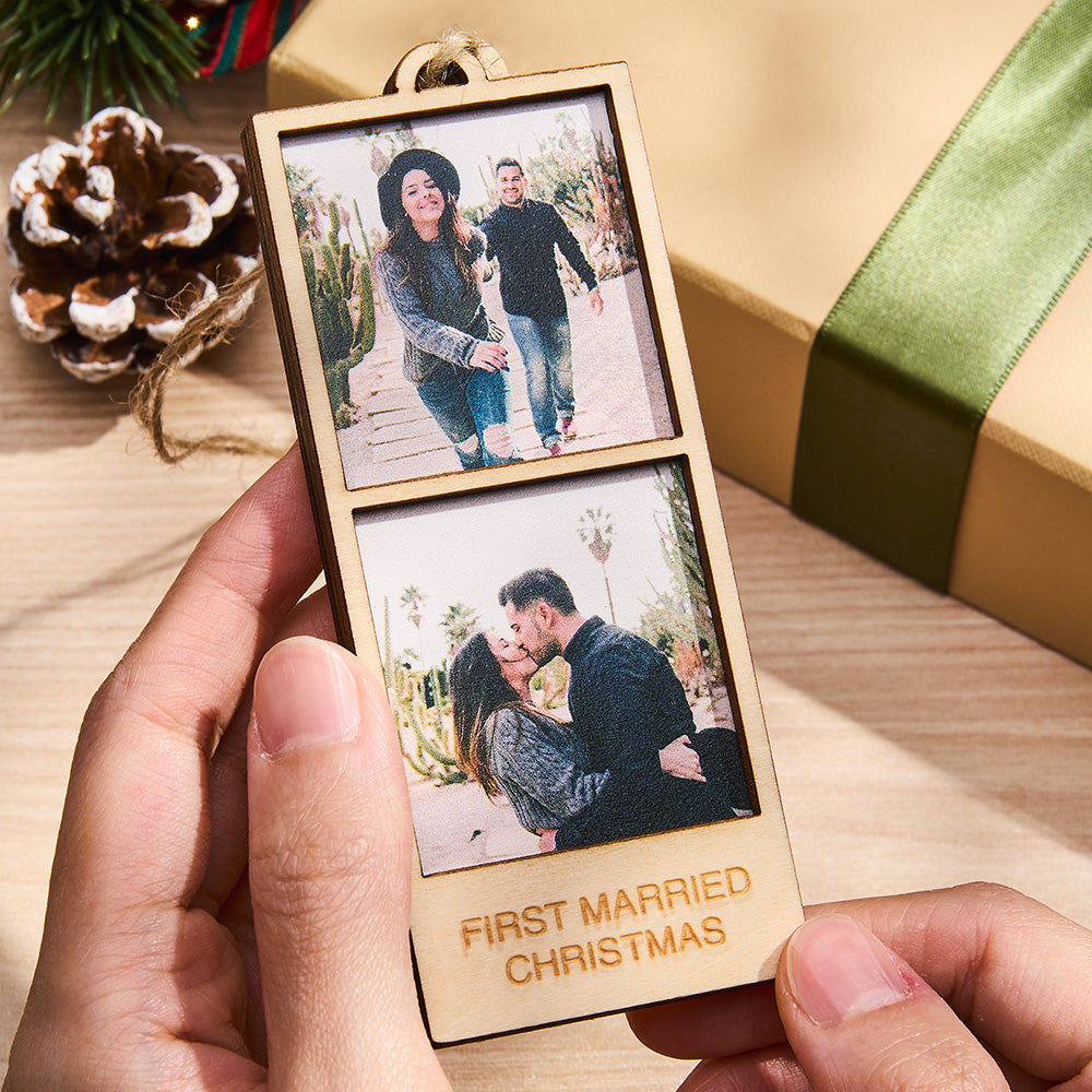 Personalized ornament with photos of a couple and 'First Married Christmas' text, held by a hand.