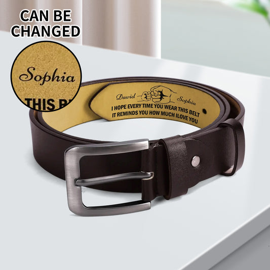 Father and Kids' Hands - Brown Leather Engraved Belt - Personalized Gift For Father