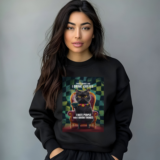 Cat Coffee Unisex Sweatshirt - I Hate People and I Know Things - furevermama
