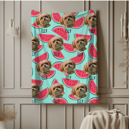 Custom Pet Photo Name Watermelon Pattern Velveteen Plush Blanket - furevermama