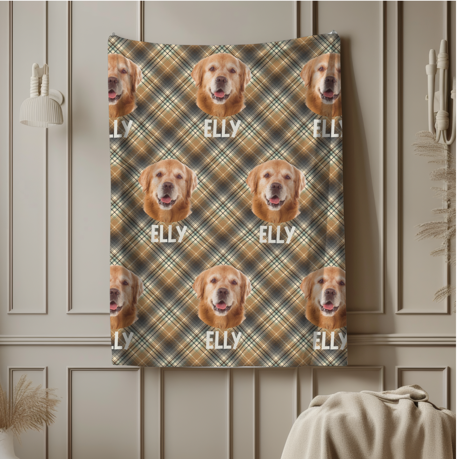 Custom Pet Photo Name Brown Checked Velveteen Plush Blanket - furevermama