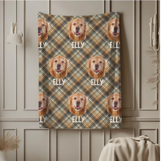 Custom Pet Photo Name Brown Checked Velveteen Plush Blanket - furevermama