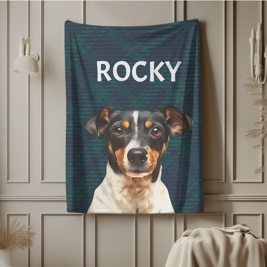 Custom Pet Photo Portrait Green Checked Velveteen Plush Blanket - furevermama