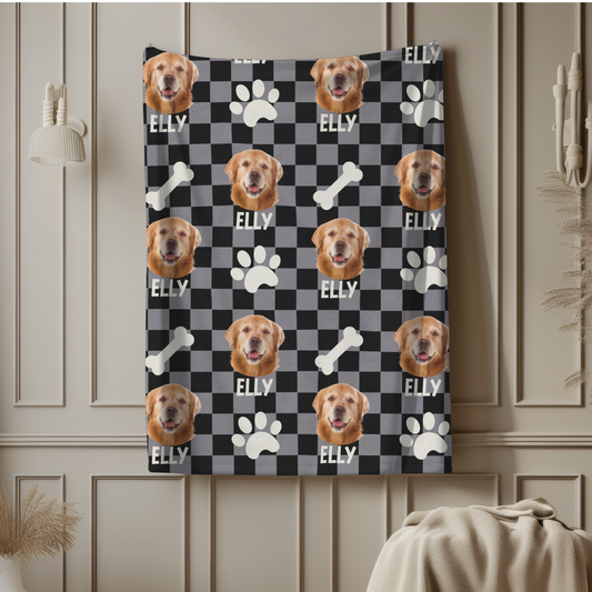 Custom Pet Photo Name Color Checked Velveteen Plush Blanket - furevermama