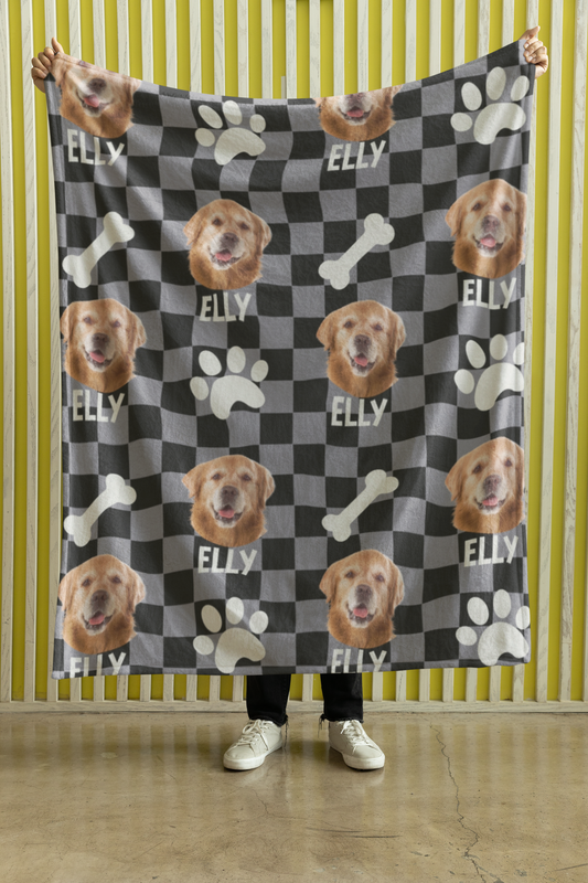 Custom Pet Photo Name Color Checked Velveteen Plush Blanket - furevermama