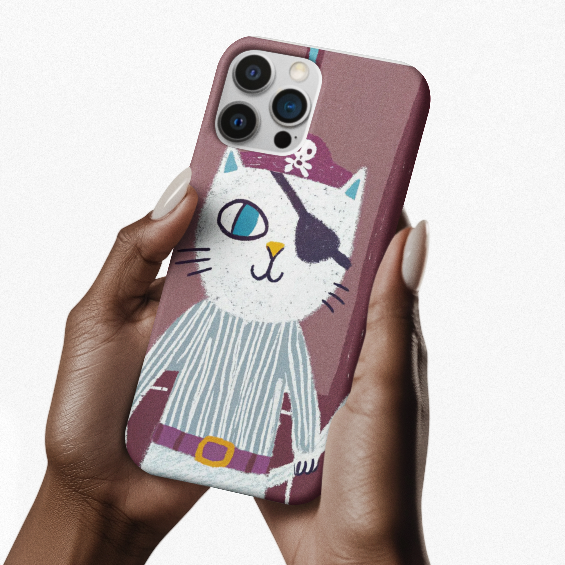 Phone case with a cat design held by a hand on a white background