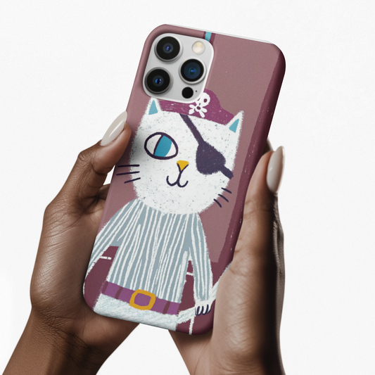 Phone case with a cat design held by a hand on a white background