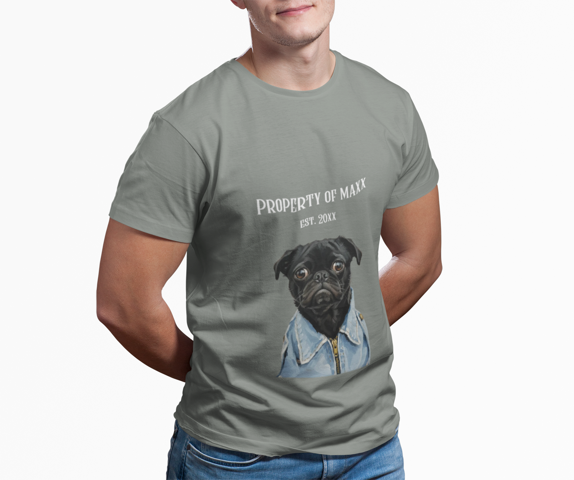 Person wearing a t-shirt with a pug graphic and text on a white background