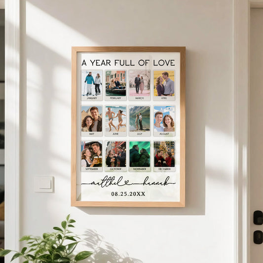 Framed collage of photos with 'A Year Full of Love' text on a wall.