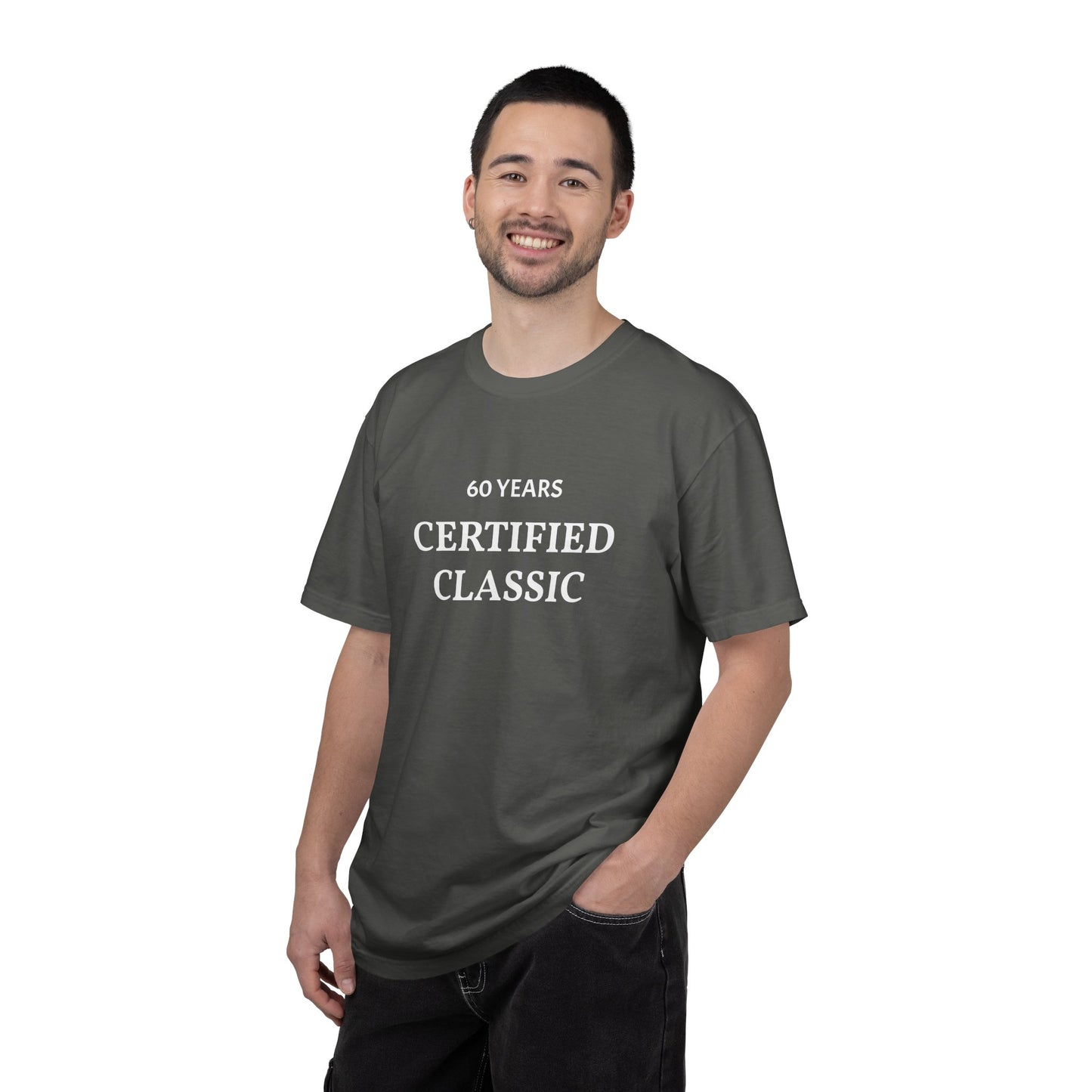 Man wearing a gray t-shirt with '60 Years Certified Classic' text on a white background