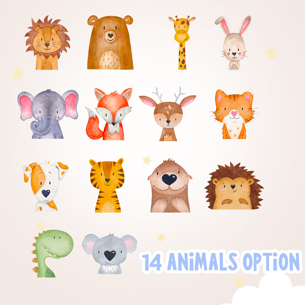 Illustrations of various animals on a light background with '14 Animals Option' text.
