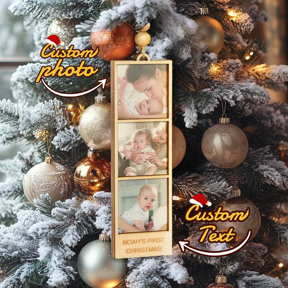 Decorative Christmas tree with ornaments and a photo collage of a baby, featuring text 'Noah's First Christmas'.
