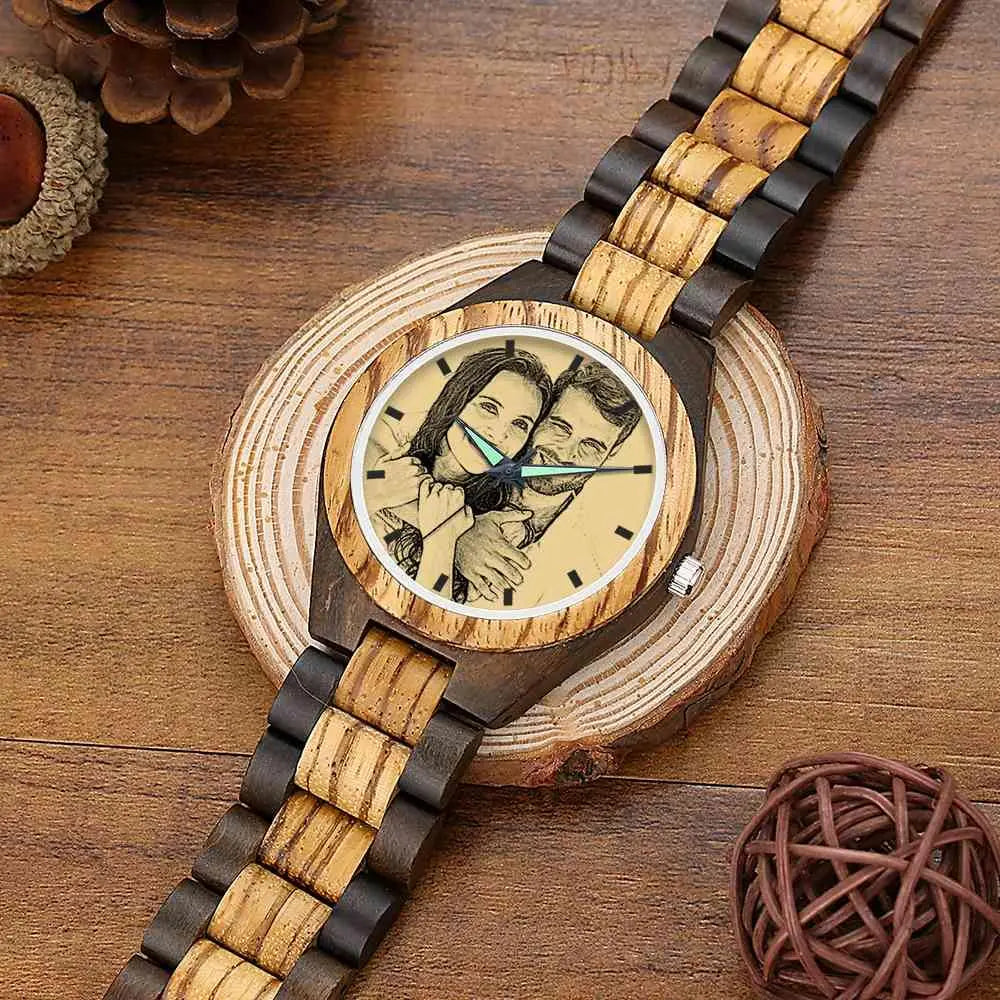 Custom Sketch Engraved Wooden Men's Watch (Strap Not Adjustable)