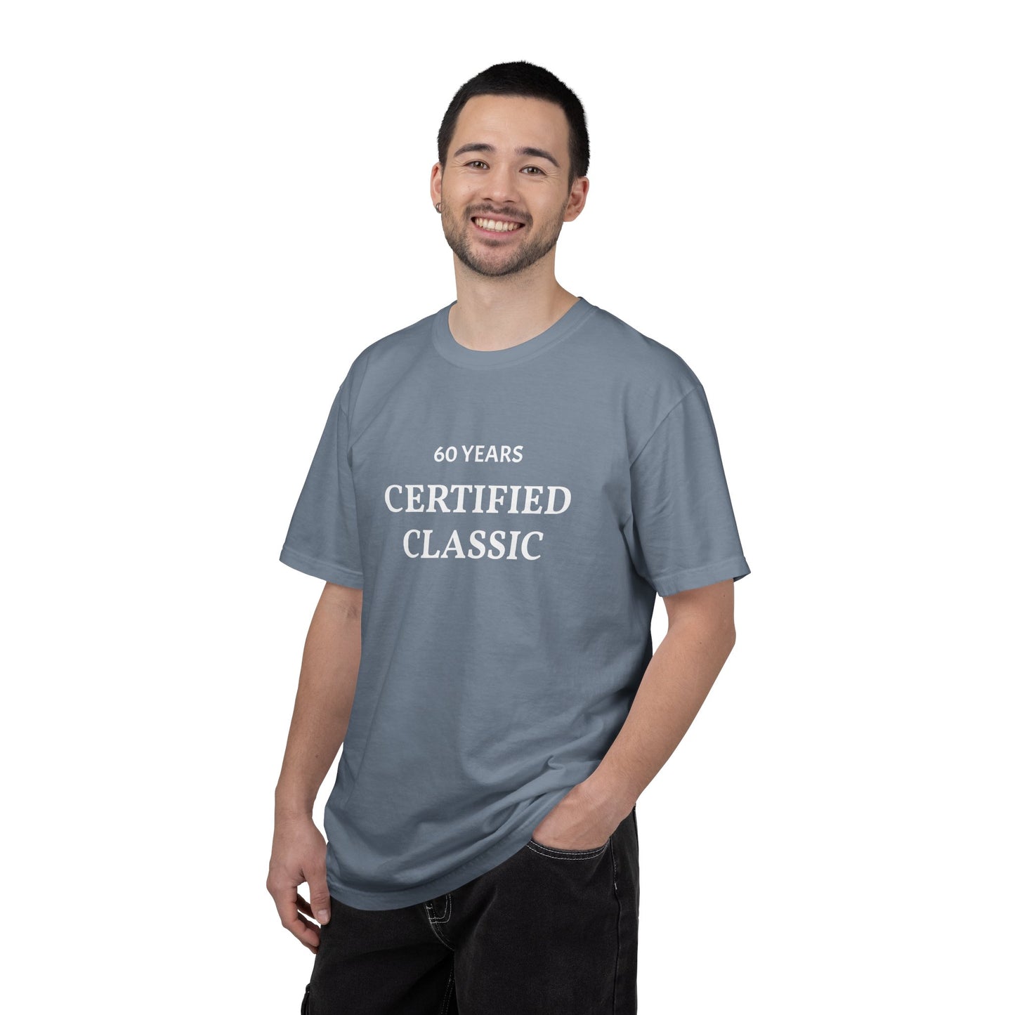 Man wearing a gray t-shirt with '60 Years Certified Classic' text on a white background