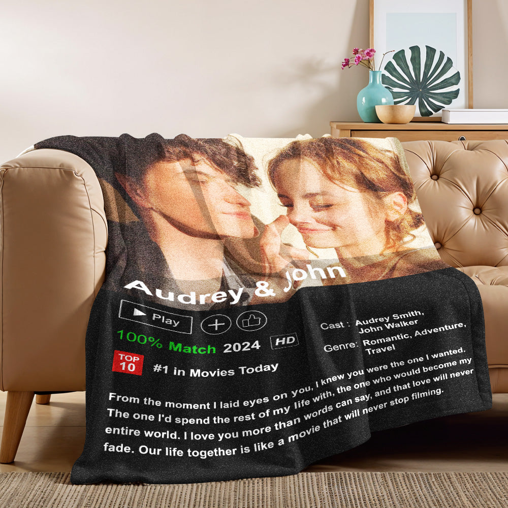 Personalized blanket with a couple's photo and text on a couch
