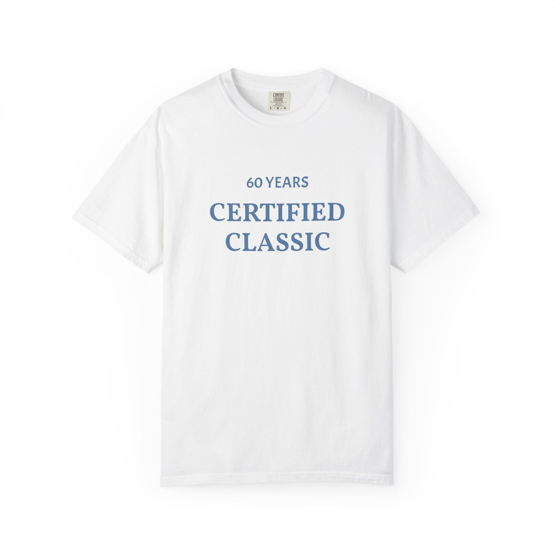 White t-shirt with blue text '60 YEARS CERTIFIED CLASSIC' on a white background