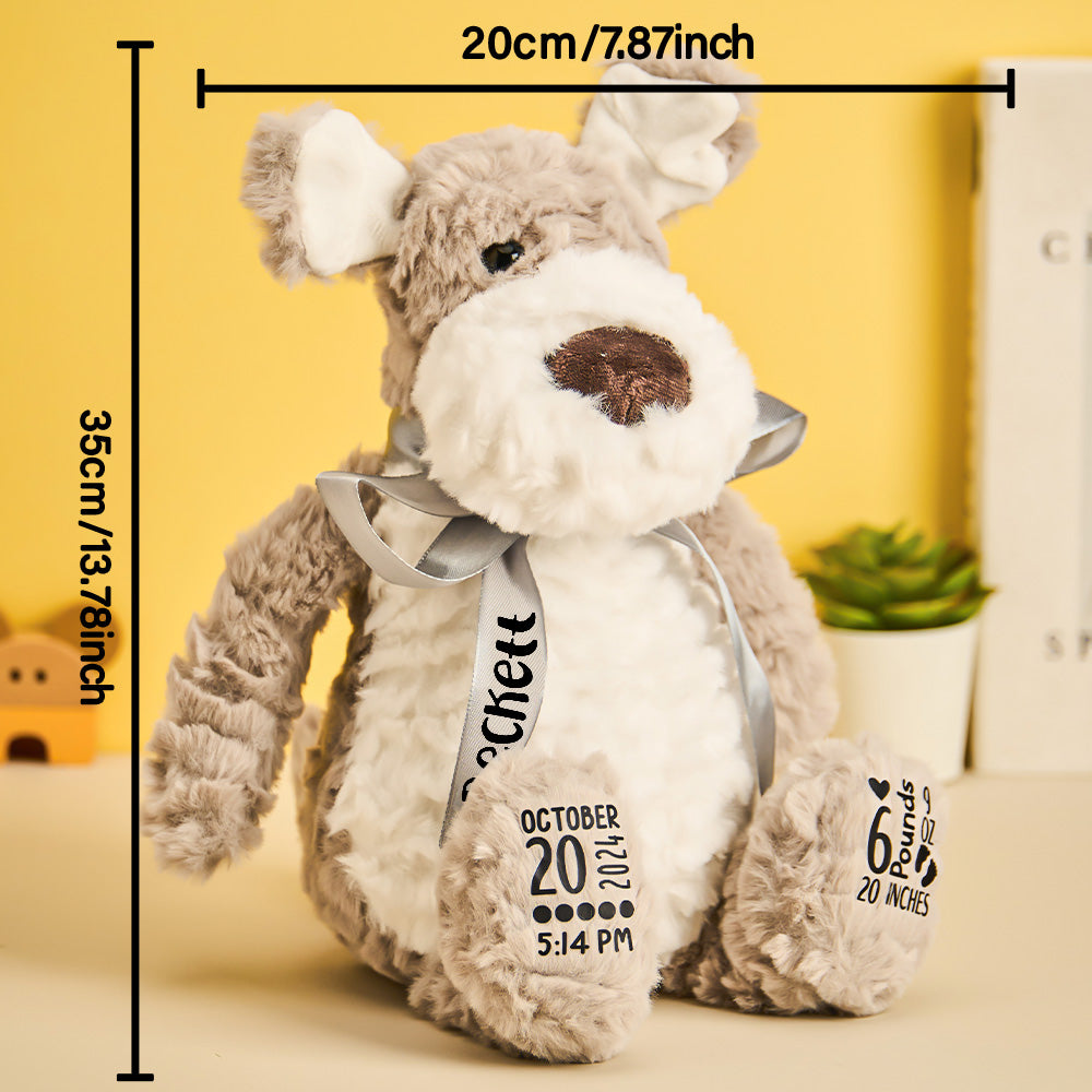 Plush dog toy with measurements and text on a yellow background