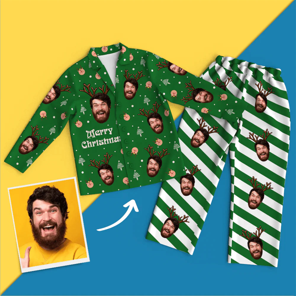 Green Christmas-themed pajama set with printed faces on a yellow and blue background