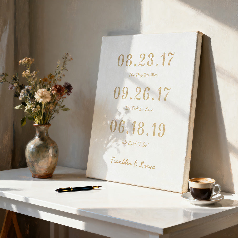 Decorative wall art with dates and names on a white surface with a vase, pen, and coffee cup.