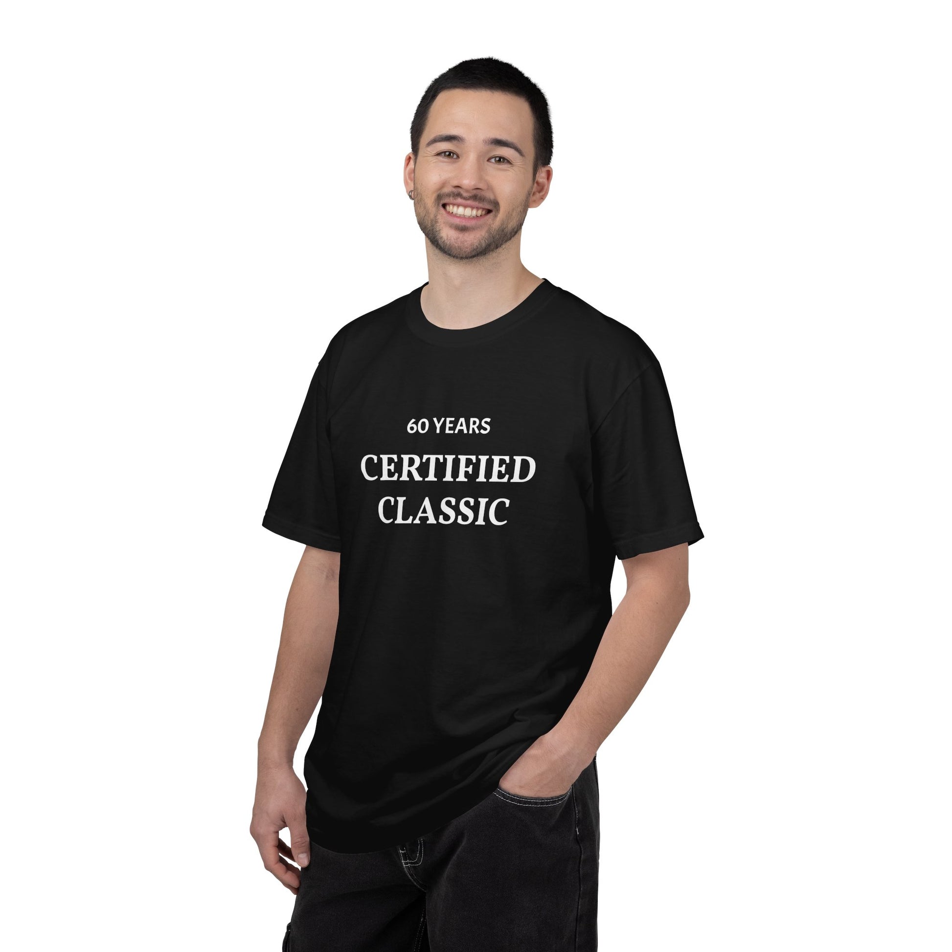 Man wearing a black t-shirt with '60 Years Certified Classic' text on a white background